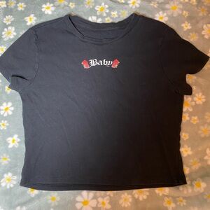 Black Graphic Tee with Red Rose Detail